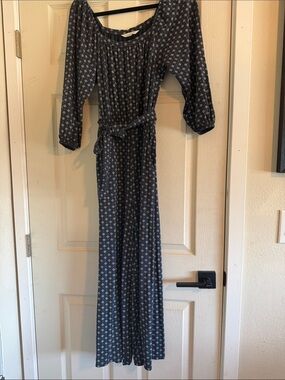 Garnet Hill - Dark Navy Printed wide leg jumpsuit with Tie Belt